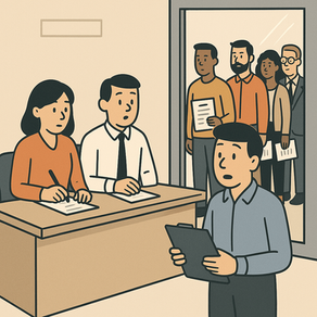 Two people sit at a desk, while a man holds his resume. People wait in line outside for the interview. Calm office setting, minimal colors.
