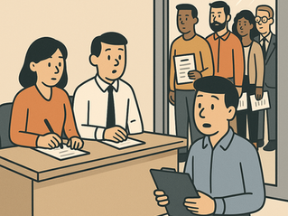 Two people sit at a desk, while a man holds his resume. People wait in line outside for the interview. Calm office setting, minimal colors.