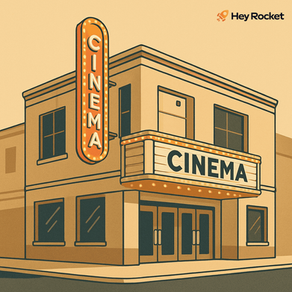Illustration of an Art Deco cinema with bold "CINEMA" signs, lit marquee, and warm colors. "Hey Rocket" logo in the corner.