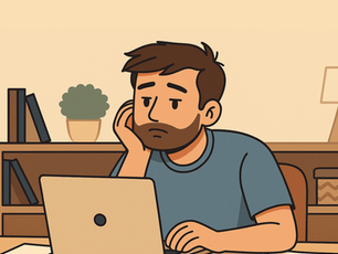 Man in blue shirt, looking exhausted, sits at a laptop in an office with books and a plant. "Hey Rocket" logo visible.