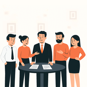 Illustration of five professionals standing around a table in discussion, representing a collaborative hiring or recruitment strategy meeting.