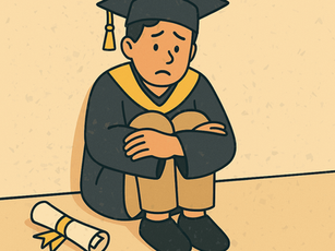 Graduated person in cap and gown sits sadly in a corner with a diploma nearby. Beige background, worried expression. Hey Rocket logo.