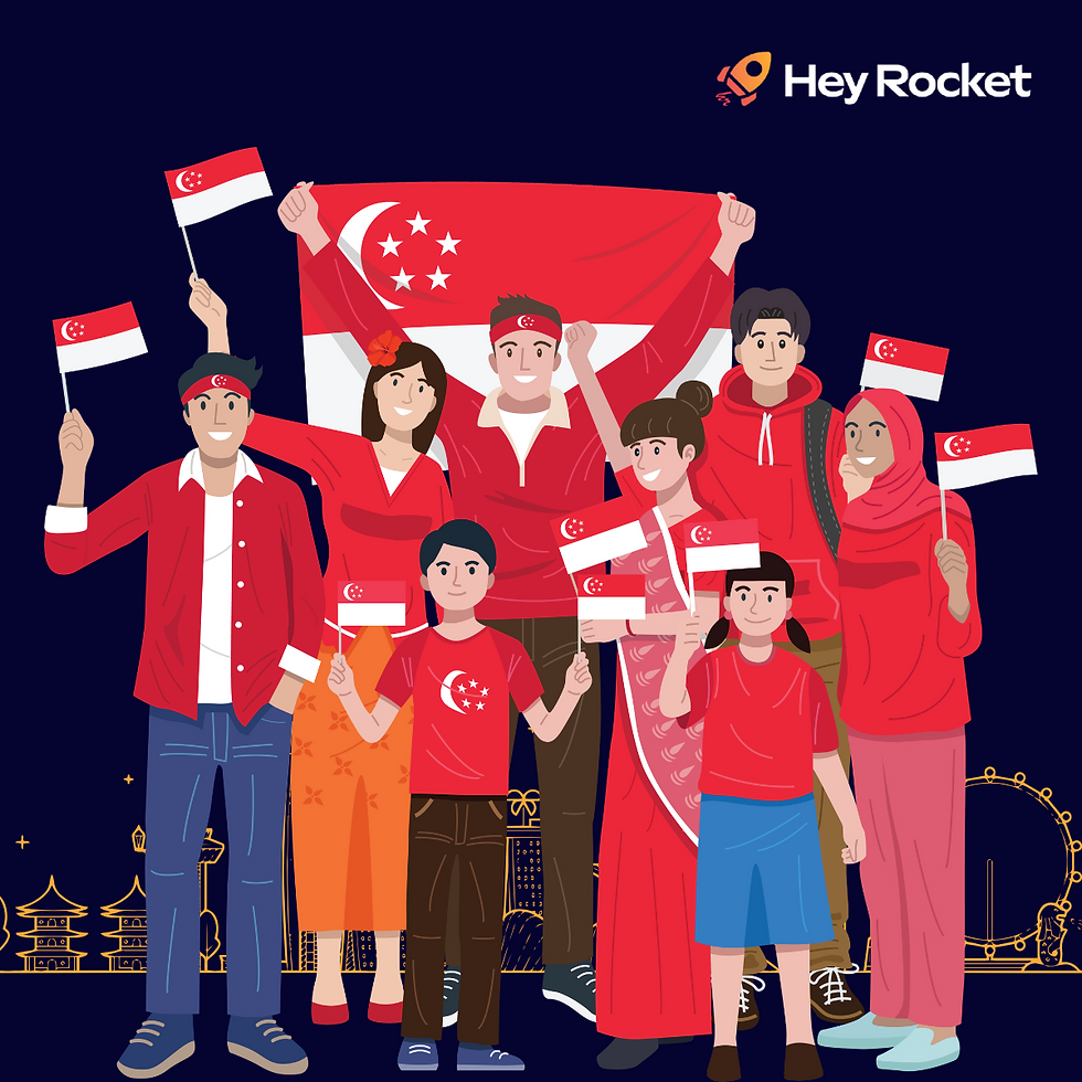 Group of people in red, holding Singapore flags, smiling. Dark background with city skyline. Text: Hey Rocket. Patriotic mood.
