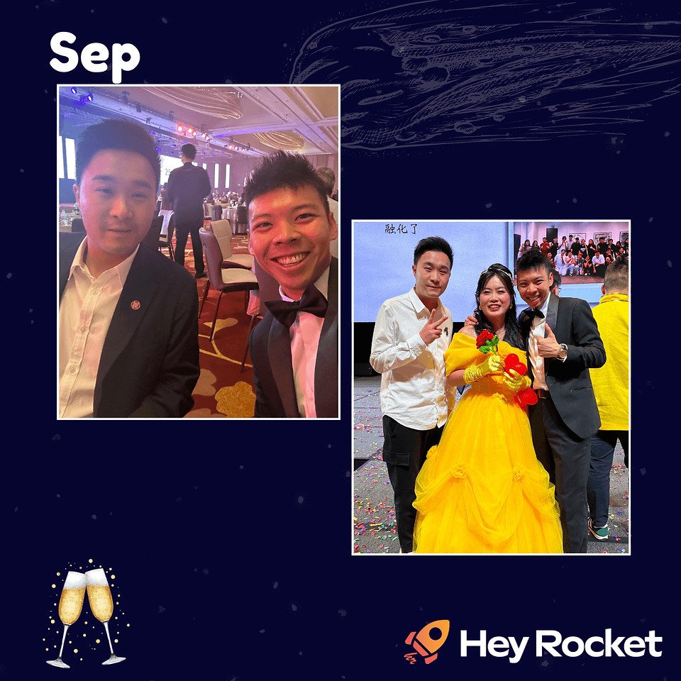 September collage featuring coworkers dressed formally at an indoor event, including a selfie at a banquet-style venue and a group photo on stage celebrating a special occasion.