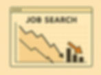 Illustration of a downward trending job search graph showing declining bars and falling arrows, symbolizing a job market slowdown. Hey Rocket logo appears in the bottom right corner.