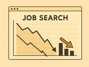 Illustration of a downward trending job search graph showing declining bars and falling arrows, symbolizing a job market slowdown. Hey Rocket logo appears in the bottom right corner.