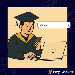 Illustration of a smiling graduate in a cap and gown using a laptop and holding a phone, with a large search bar above displaying the word "JOBS" and a magnifying glass icon, symbolizing a fresh graduate searching for job opportunities online.