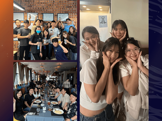 Collage of team social activities including a group photo holding drinks, four coworkers posing playfully for a selfie, and a long table dinner with coworkers seated together in a restaurant.