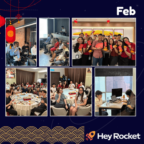 February team collage showing coworkers seated in a meeting, a Lunar New Year celebration with red envelopes and oranges, group meals at round tables, and two coworkers working together at a table with laptops and papers.