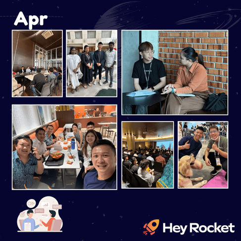 April team collage featuring coworkers in a meeting room, a small group portrait indoors, two coworkers discussing documents at a table, a shared meal selfie, a seated audience watching a presentation, and two coworkers posing with a dog at an event.