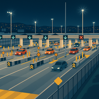 Flat-style illustration of a night toll plaza checkpoint for cross-border traffic and foreign worker transportation, with multiple cars passing through open lanes under streetlights.