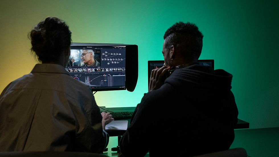 Profissionais editando vídeo no YouTube, color grading para produção audiovisual.