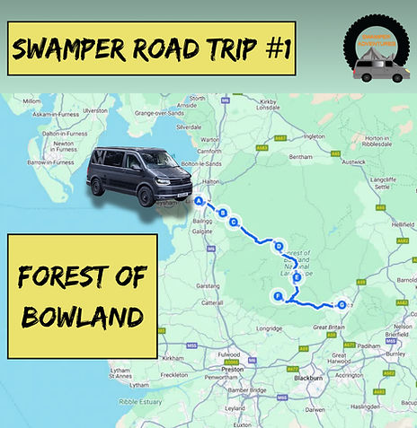 Map of a scenic route through the Forest of Bowland with a campervan illustration. Titled "Swamper Road Trip #1 – Forest of B