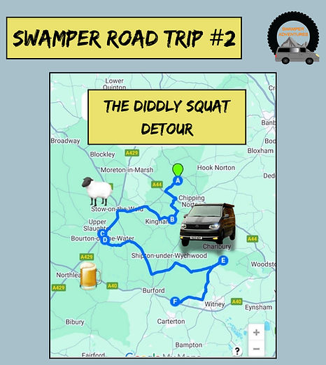 Map of a circular Cotswolds road trip route with icons for a sheep, a pint, and a van. Titled "Swamper Road Trip #2 – The Did