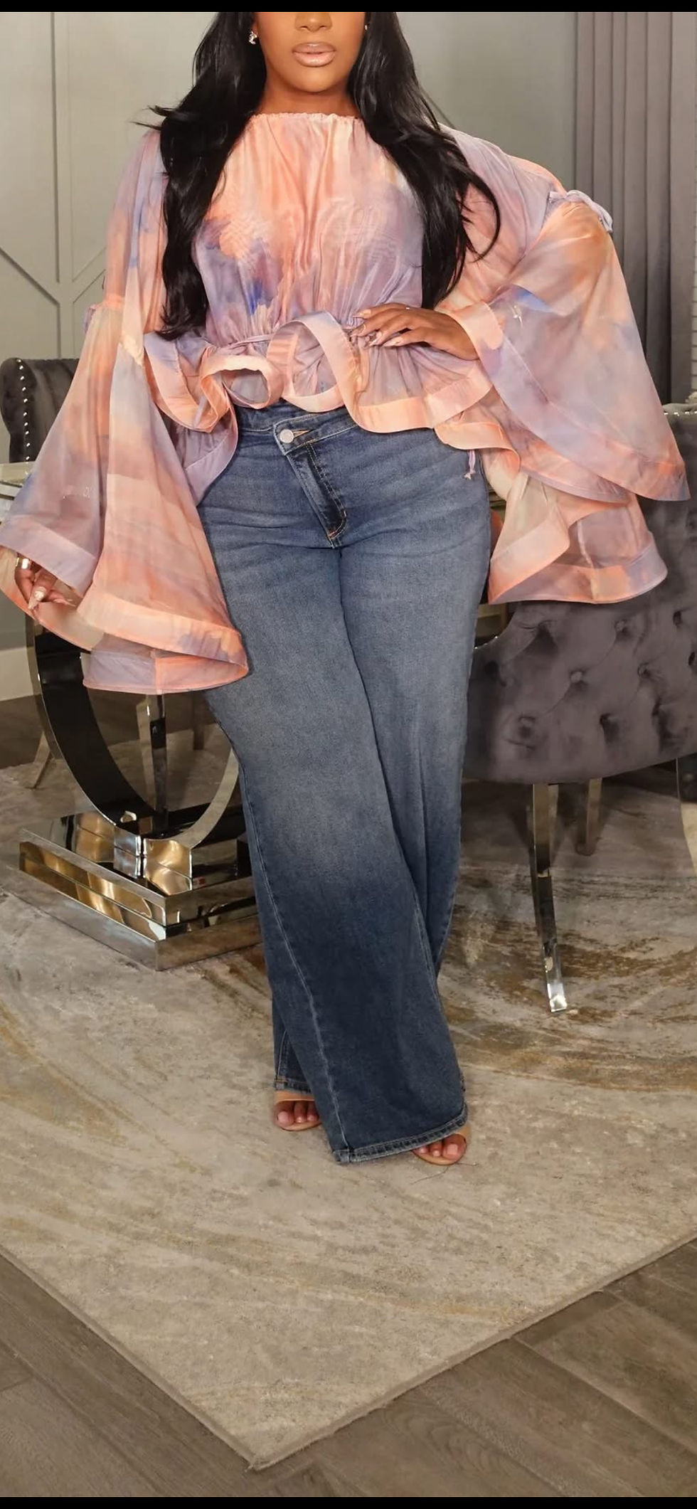 Thumbnail: 1x Plus - printed open shoulder, peplum blouse