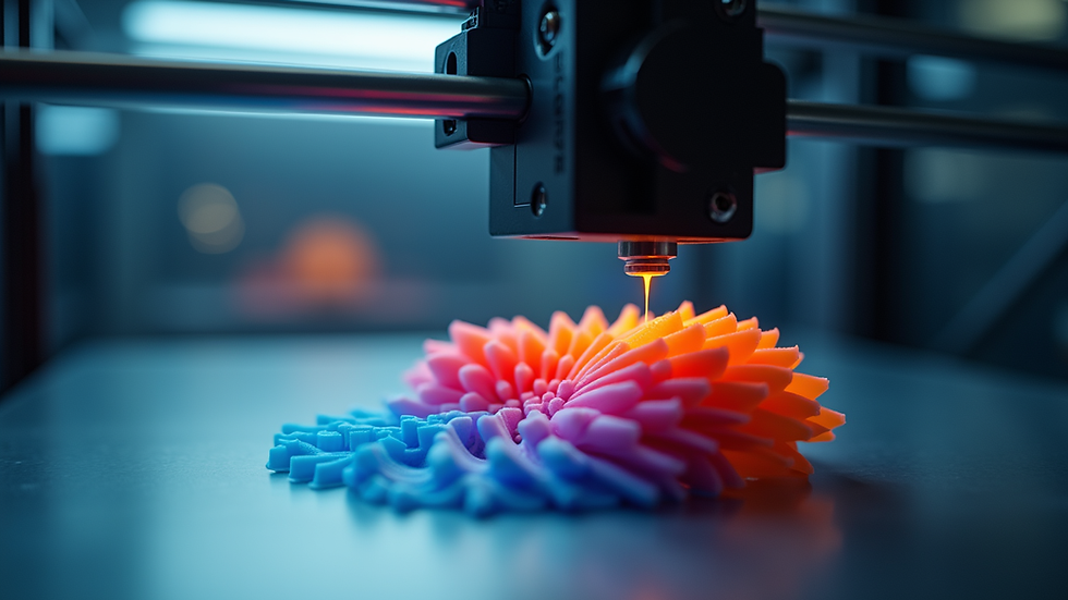 Eye-level view of a modern 3D printer creating a colorful product design