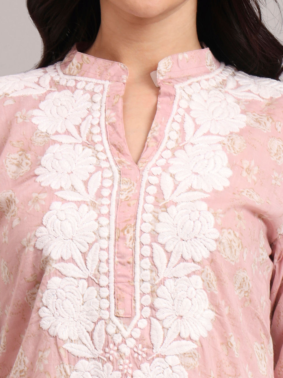 Thumbnail: Cotton Mulmul Printed chikankari short Kurt
