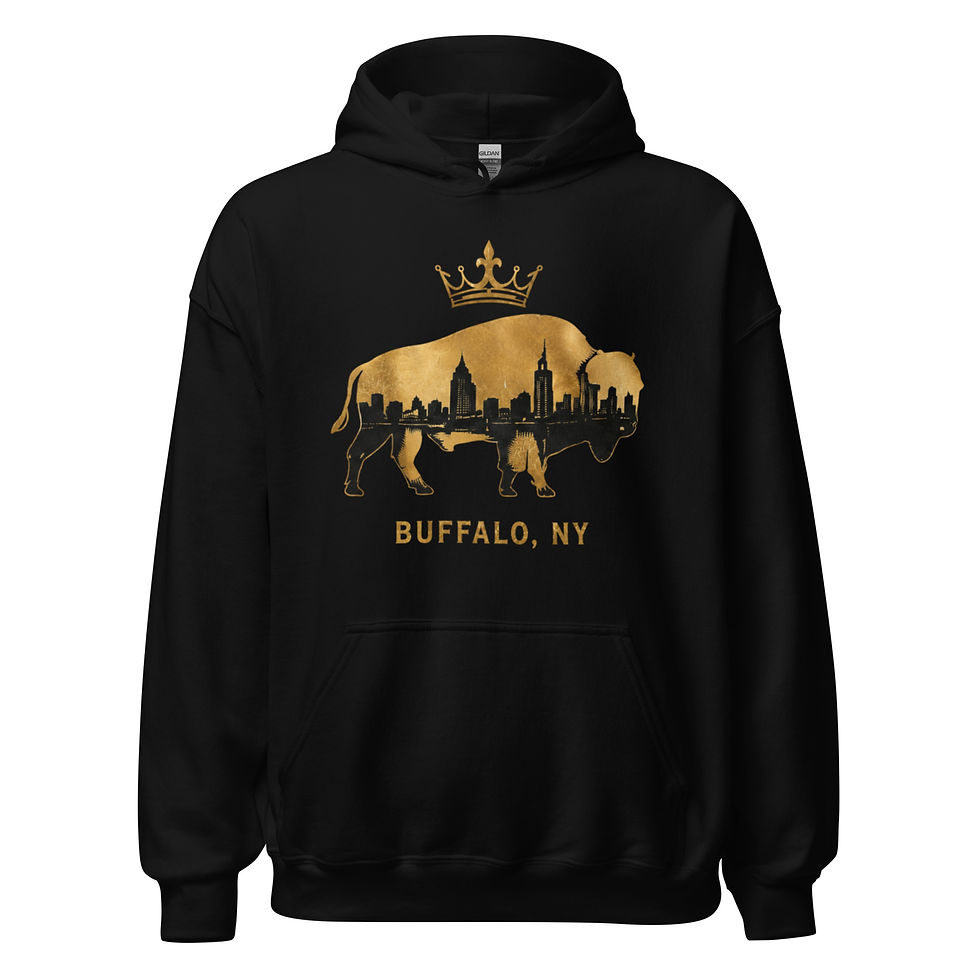 Buffalo hoodie with distressed gold bison, black Queen City skyline and crown graphic