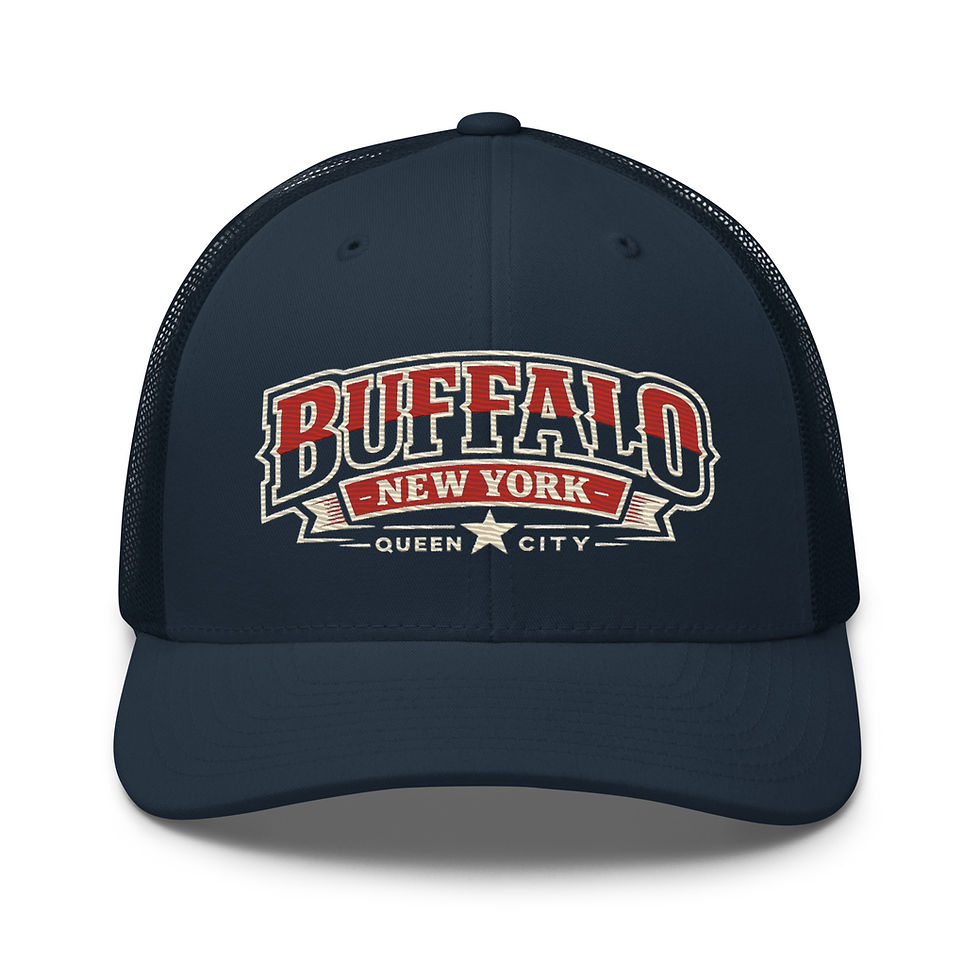 Low-profile mesh-back trucker cap with embroidered Buffalo New York design