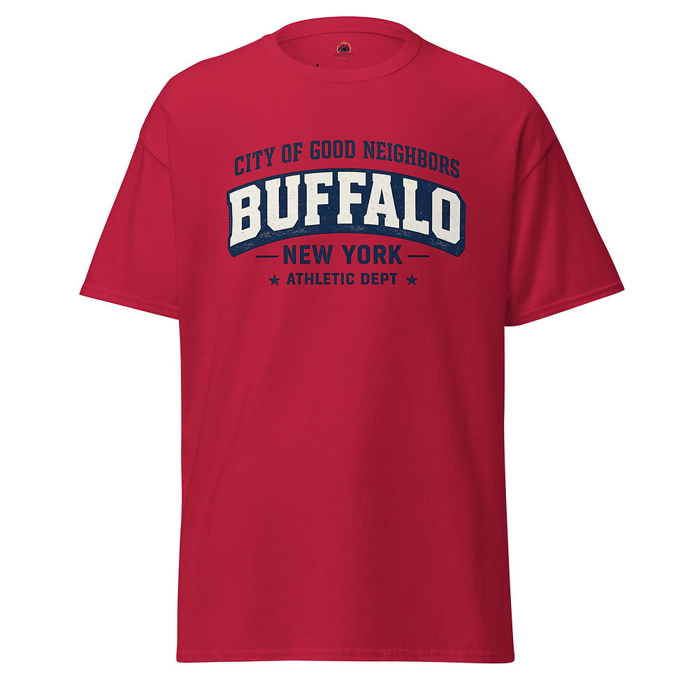 Buffalo Athletic Department T-shirt with distressed collegiate lettering and City of Good Neighbors text