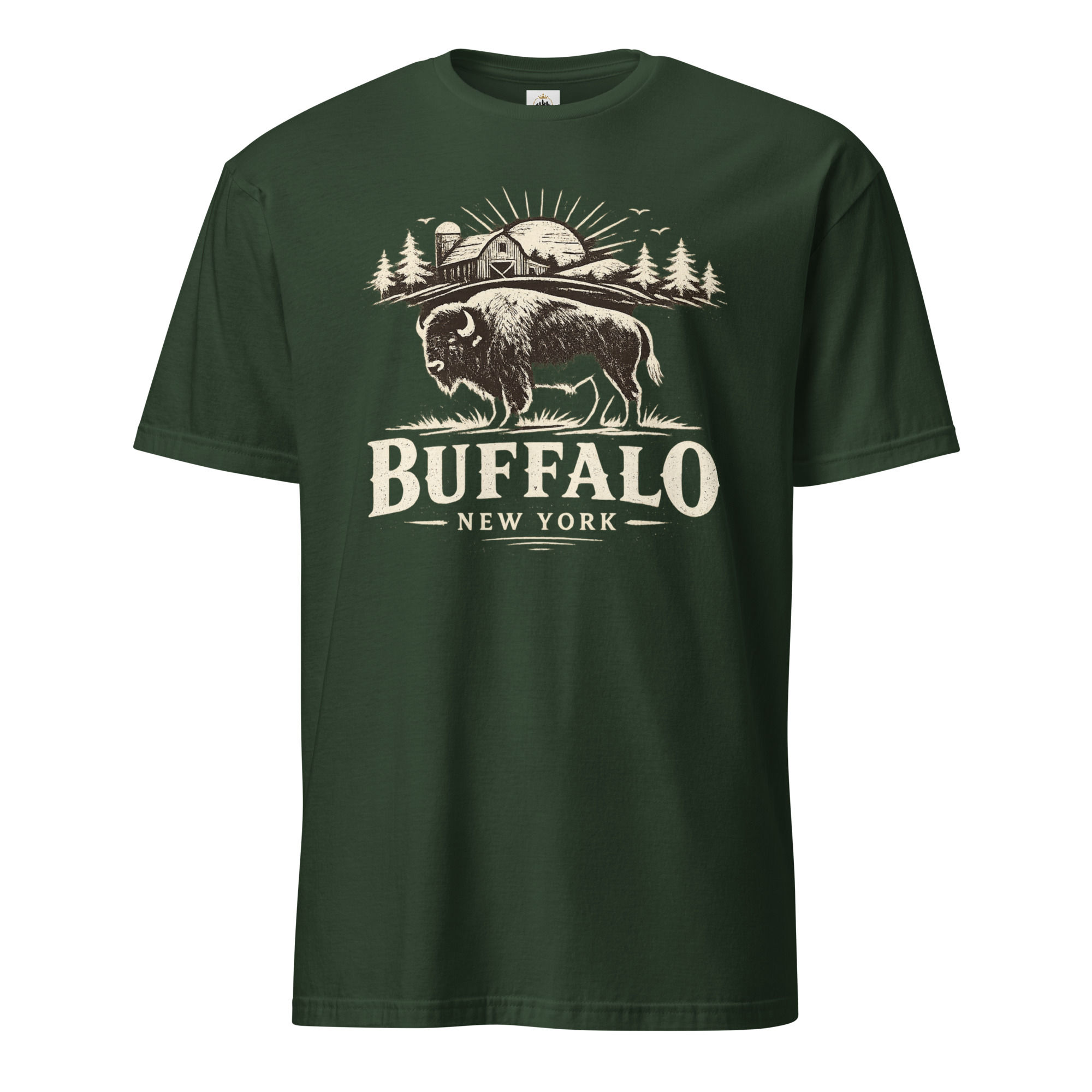 Rustic Buffalo New York T-shirt with bison, pine trees, barn scenery and distressed lettering