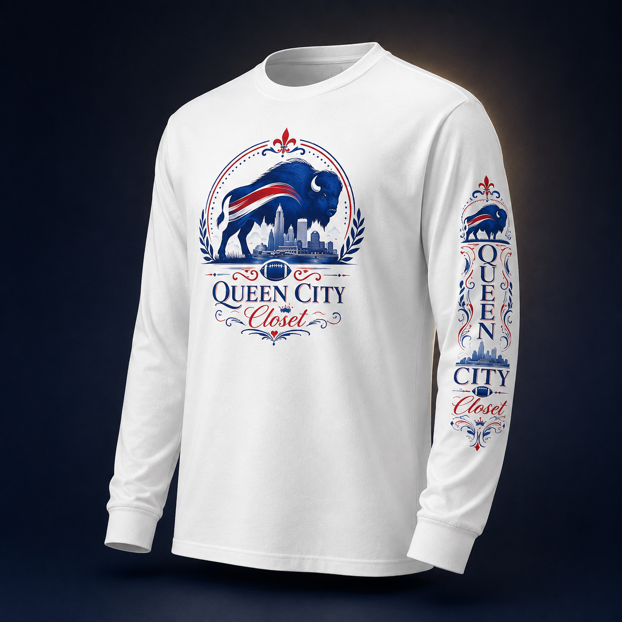 White Queen City Closet long-sleeve shirt with a Buffalo bison skyline front graphic and matching sleeve artwork.