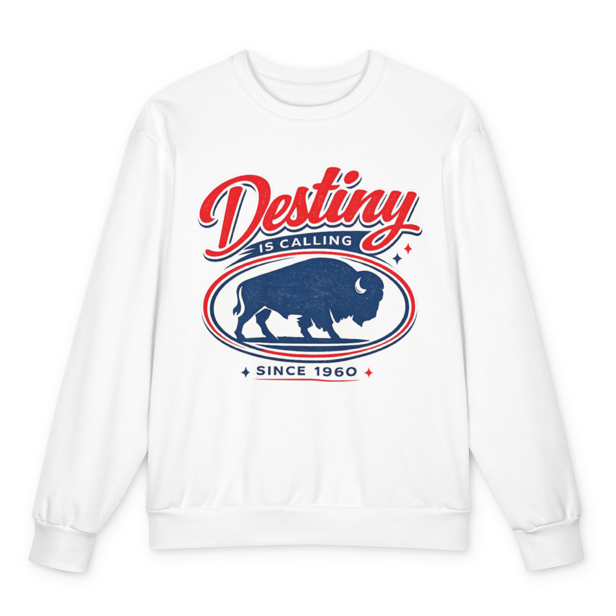 White heavyweight Buffalo crewneck sweatshirt with a red-and-blue Destiny Is Calling bison graphic on the front.