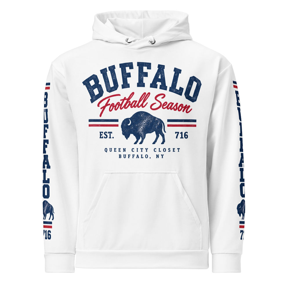 White Buffalo football season hoodie with vintage navy and red bison graphic, 716 details, and matching sleeve print.