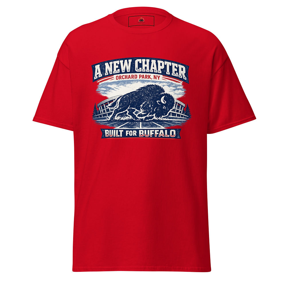 Vintage red, white and blue Orchard Park T-shirt with charging bison, stadium and A New Chapter text