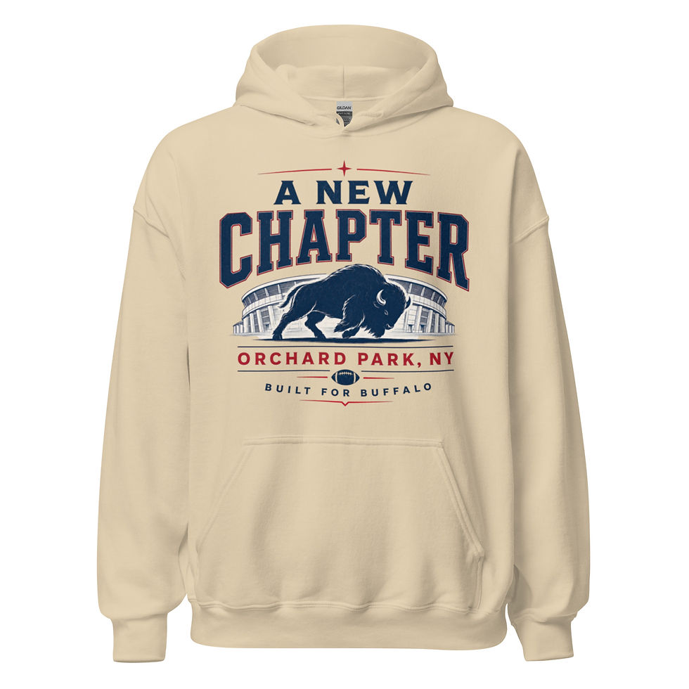 Buffalo football hoodie with charging bison, stadium artwork and Built for Buffalo lettering