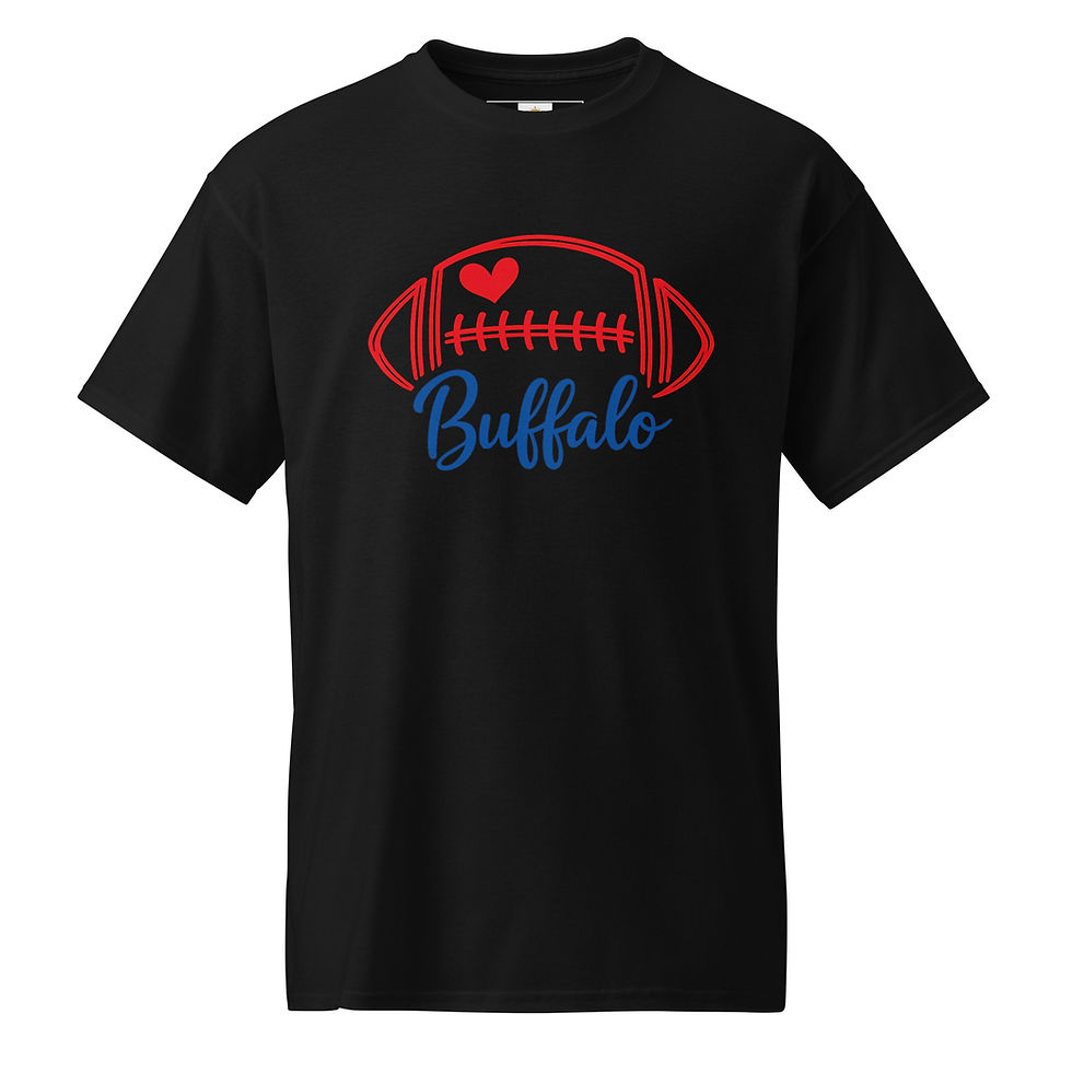 Buffalo football love T-shirt featuring a red football with heart detail and blue Buffalo script.