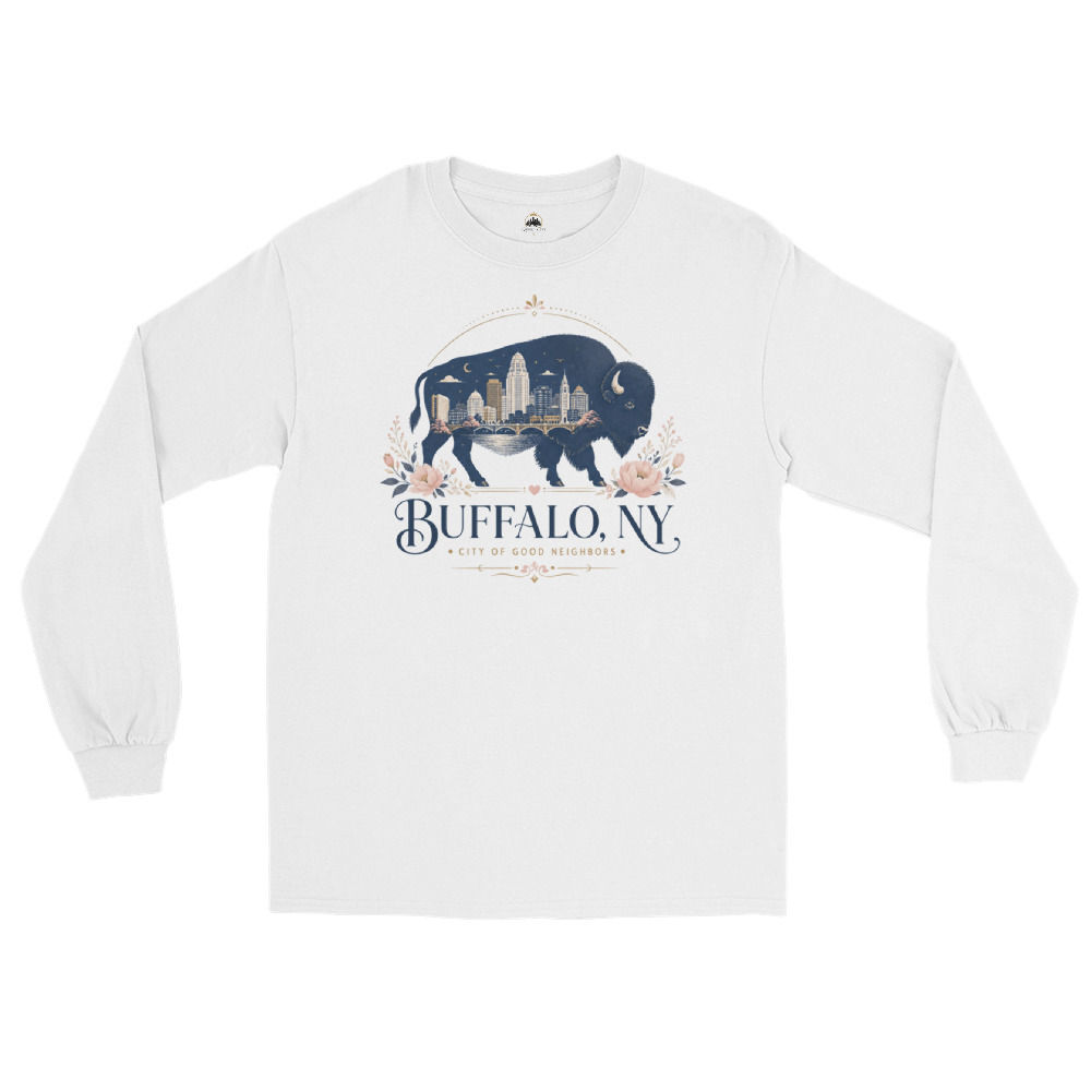 Buffalo T-shirt with floral bison silhouette, Queen City skyline and navy, gold and blush accents