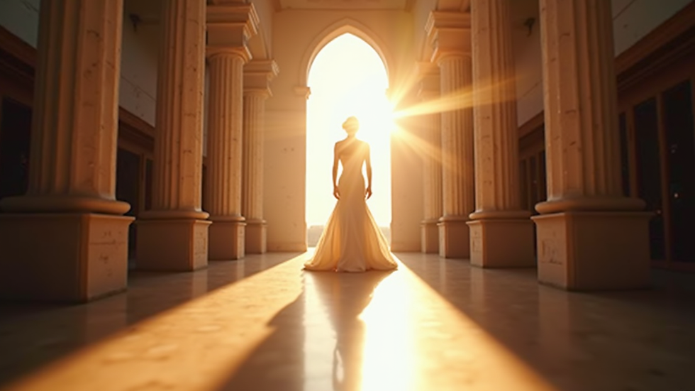 Eye-level view of a bride walking down a sunlit aisle
