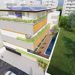 Entrada principal de residência moderna em Macaé com acesso bem definido.