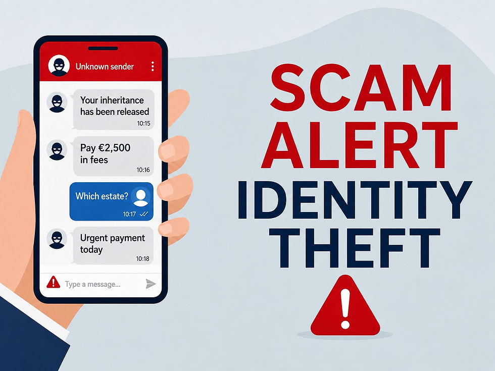 Scam alert and identity theft warning showing fake inheritance messages requesting a €2,500 payment from an unknown sender.