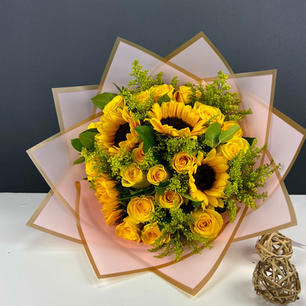 Sunflowers and roses wrapped bouquet