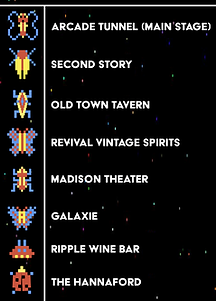 Map of participating venues and stages such as Revival Vintage Spirits, Galaxie, Madison Live! with Galaga bug map key