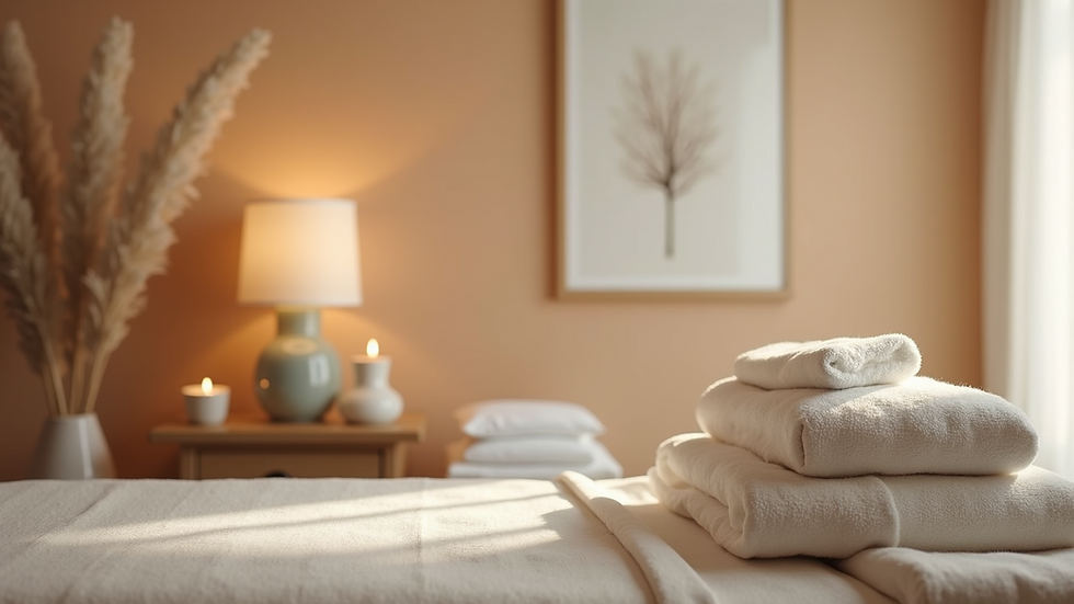 Close-up view of a tranquil therapy room with soft lighting and calming decor