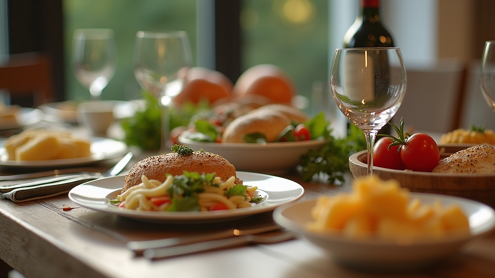 Close-up view of a family dinner table set with healthy food