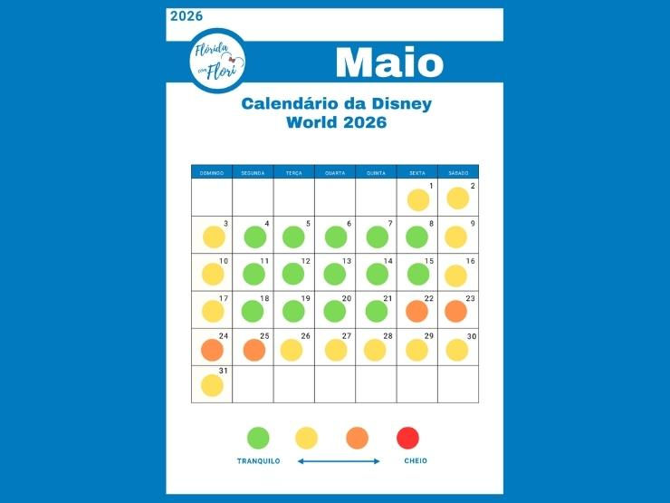Calendário Disney World maio 2026, com cores para indicar lotação: verde (tranquilo), laranja e vermelho (cheio). Fundo azul.