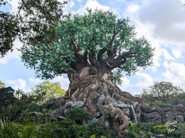 Árvore da Vida com tronco detalhado de animais e folhagem verde, em cenário de jardim exuberante sob céu azul e nuvens brancas no roteiro do Animal Kingdom em Walt Disney World