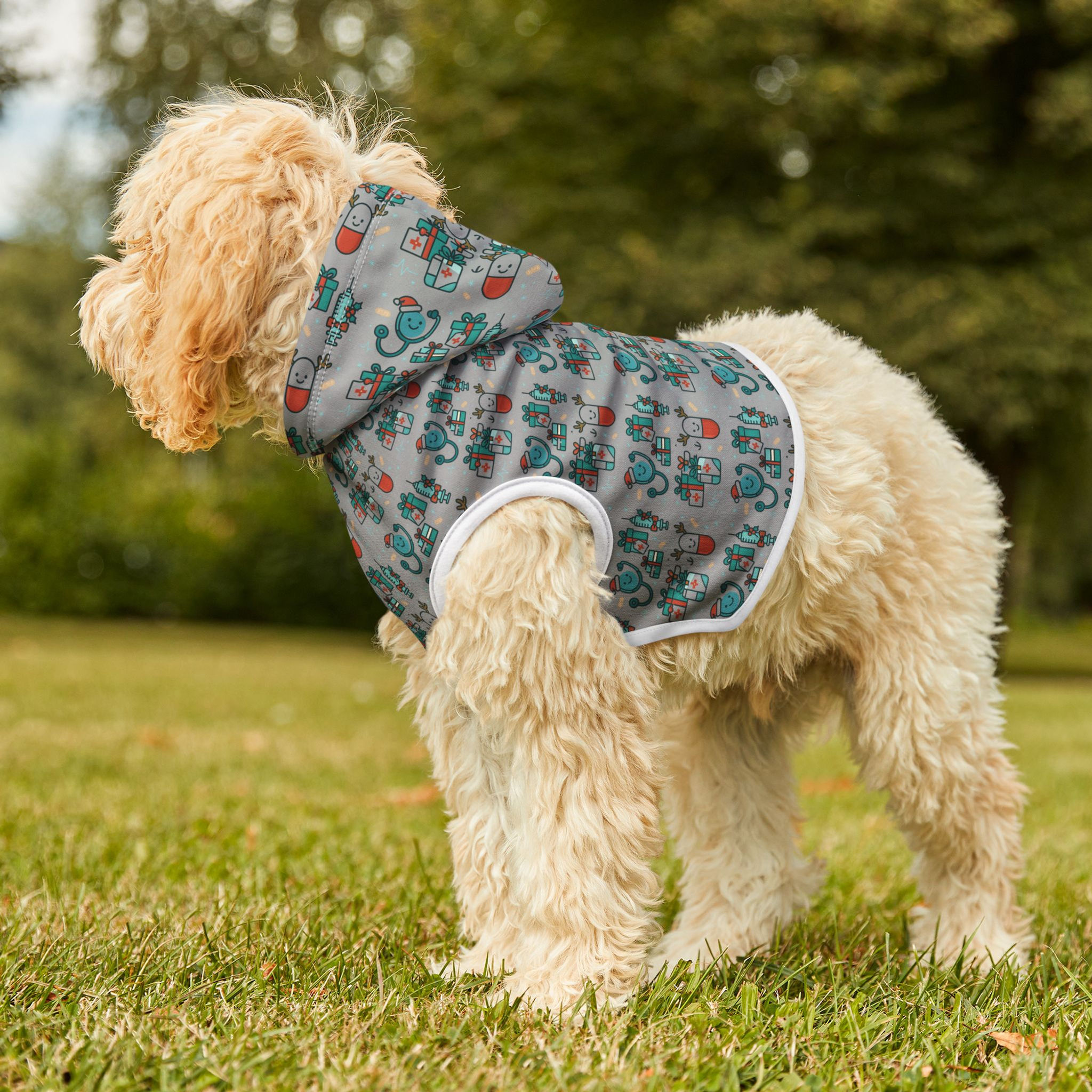 Holiday Pattern Pet Hoodie — Cute Grey Tech Print Dog & Cat Hoodie