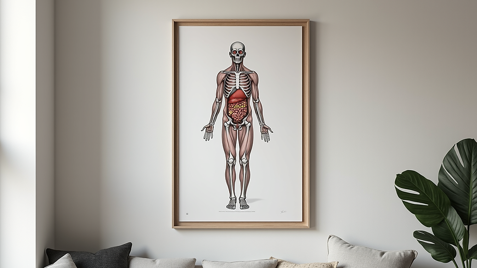 Close-up view of a detailed anatomy art print hanging on a wall