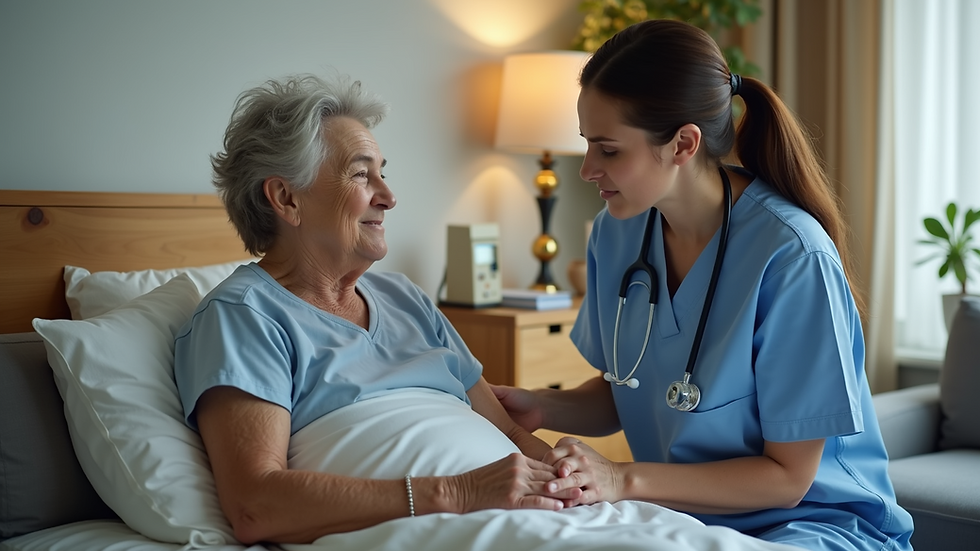 Eye-level view of a nurse assisting a patient in a cozy home setting
