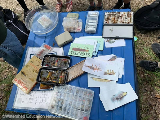 Looking down on a field table with pictures of aquatic insects and small boxes of fly fishing flies.