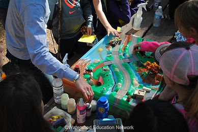 A view from above of a model landscape with kids gathered around.