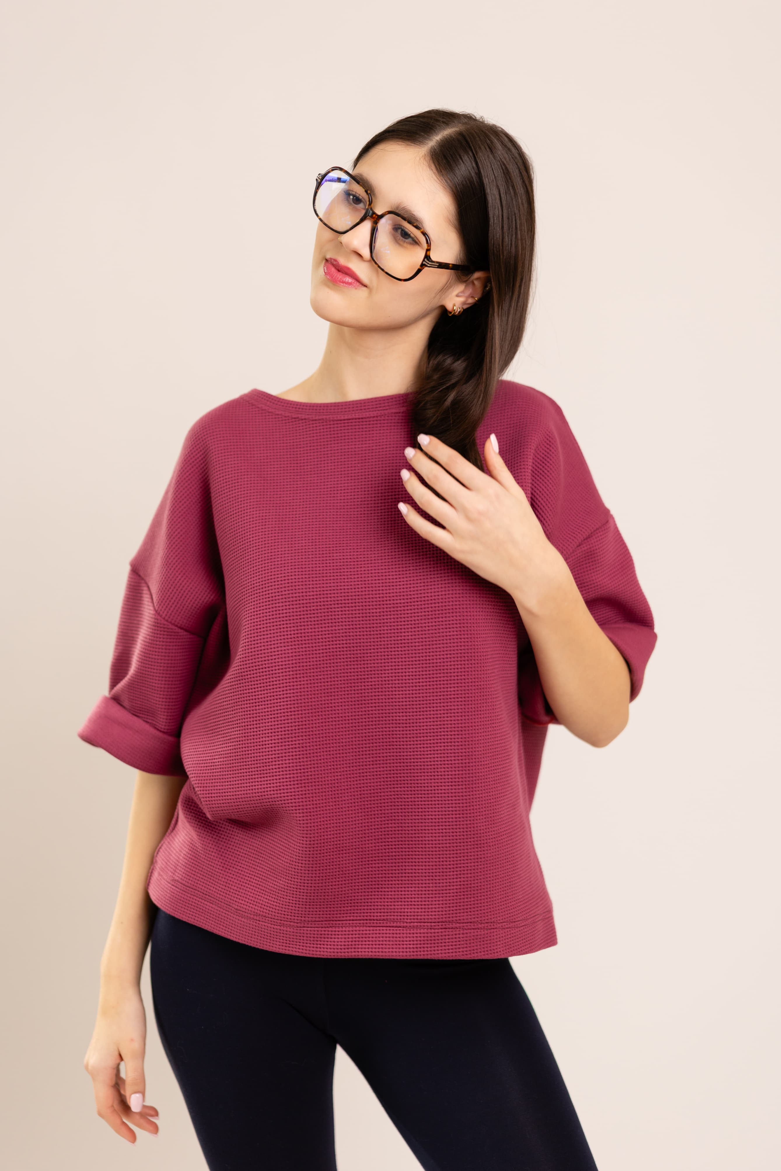 Mikina Waffle Oversize - Berry