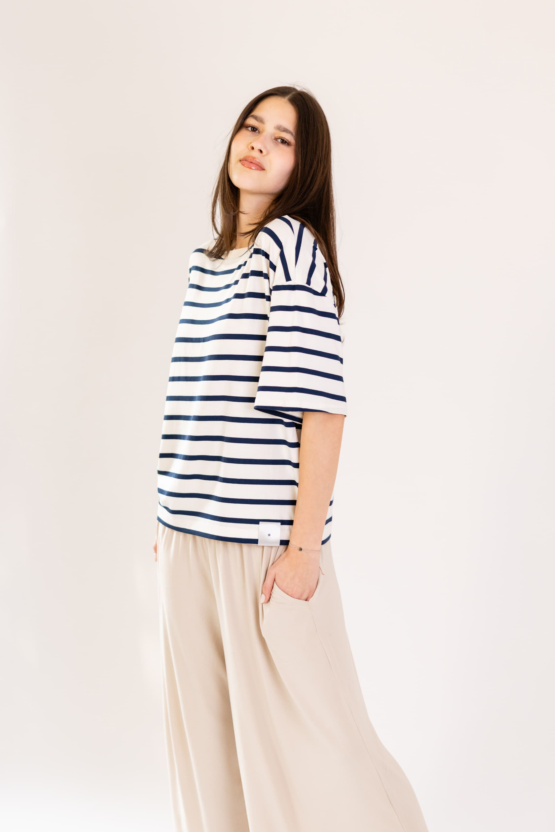 Tričko Oversize Stripes - Cream & Blue