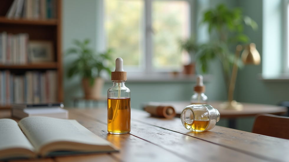 Eye-level view of a homeopathy consultation room with remedies and books