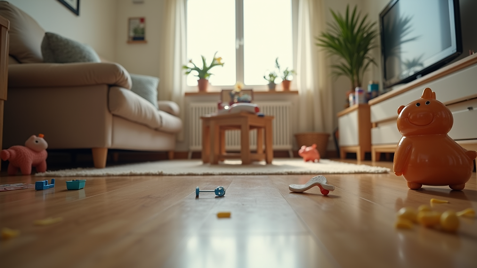 Eye-level view of a cozy living room with children's toys scattered around